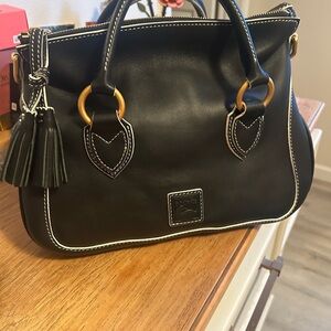 Dooney & Bourke Edge Black Leather Satchel with White Contrast Stitching
